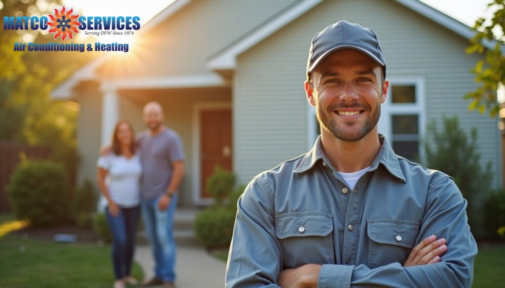 A friendly HVAC technician in a blue uniform, smiling while standing in front of a welcoming American suburban home.