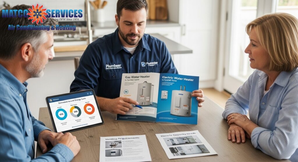Professional plumber comparing gas and electric water heater options