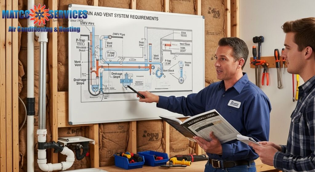 Professional plumber explaining drain and vent system requirements