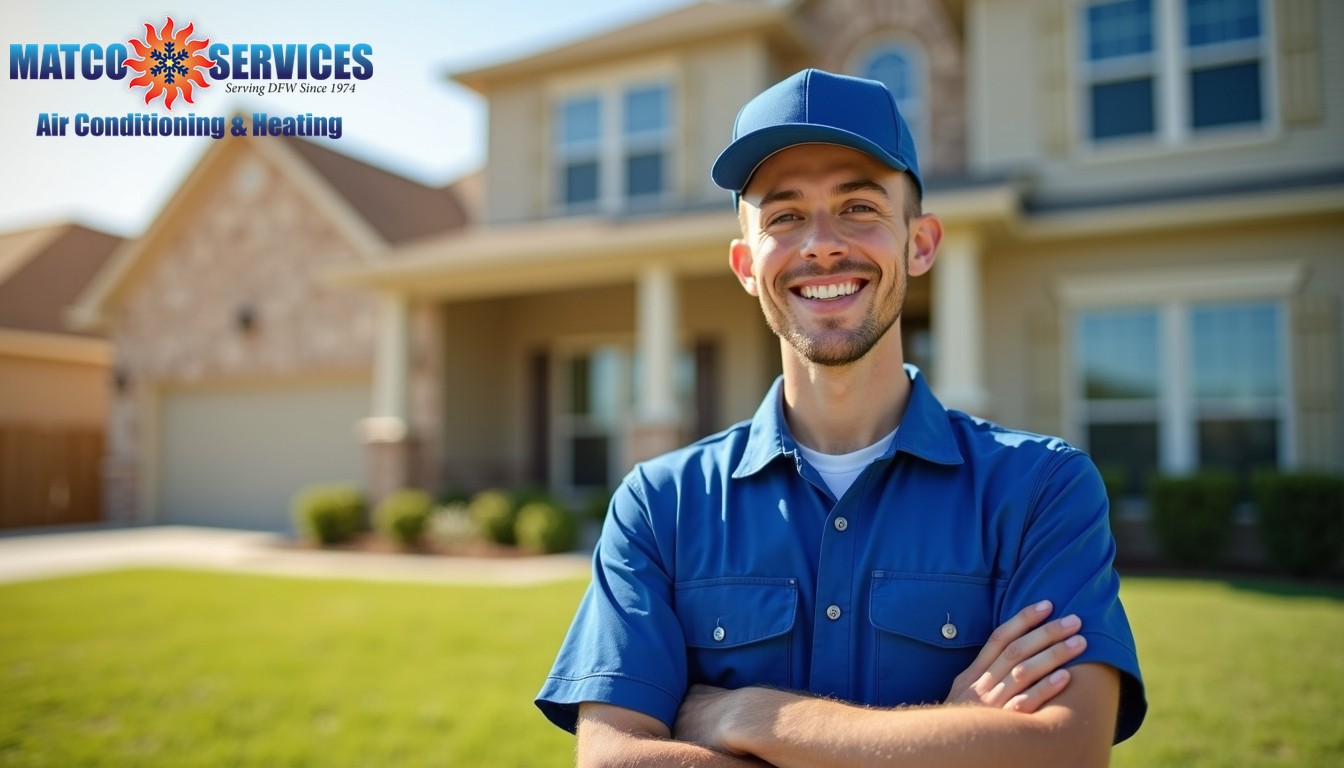 A friendly HVAC technician in a blue uniform, smiling while standing in front of a welcoming American suburban home.