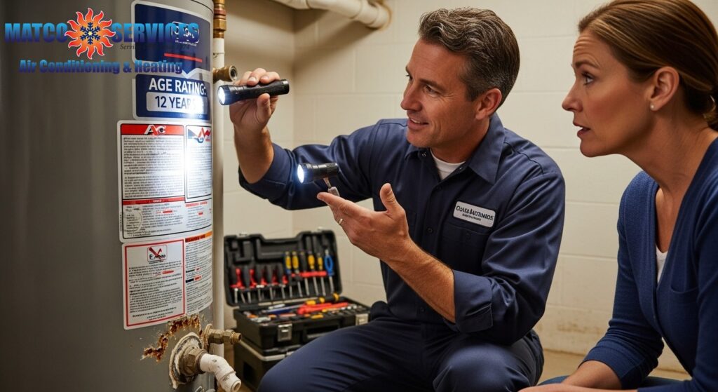 Professional plumber helping homeowners evaluate aging water heater's condition