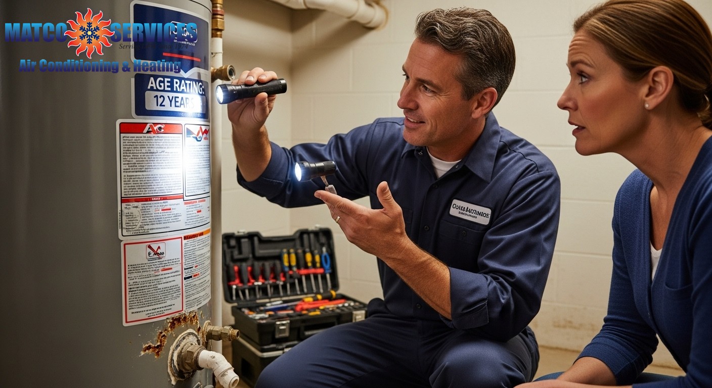Professional plumber helping homeowners evaluate aging water heater's condition