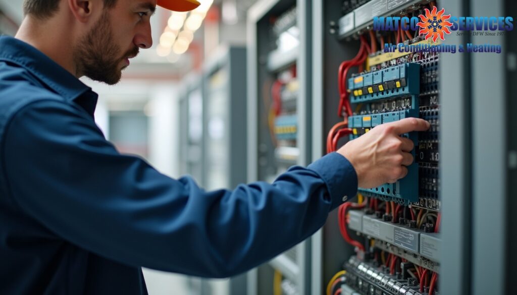 Professional electrical panel with HVAC surge protection installed, protection visualization, emphasis on equipment safety