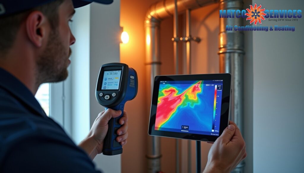 Professional using thermal imaging camera, temperature pattern display
