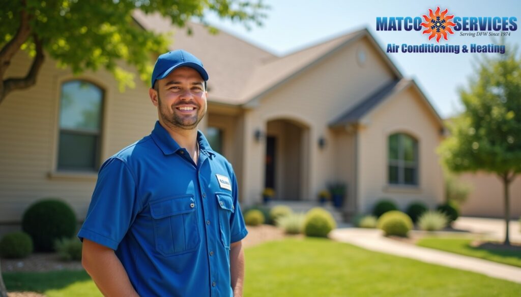 A friendly HVAC technician in a blue uniform, smiling while standing in front of a welcoming American suburban home.