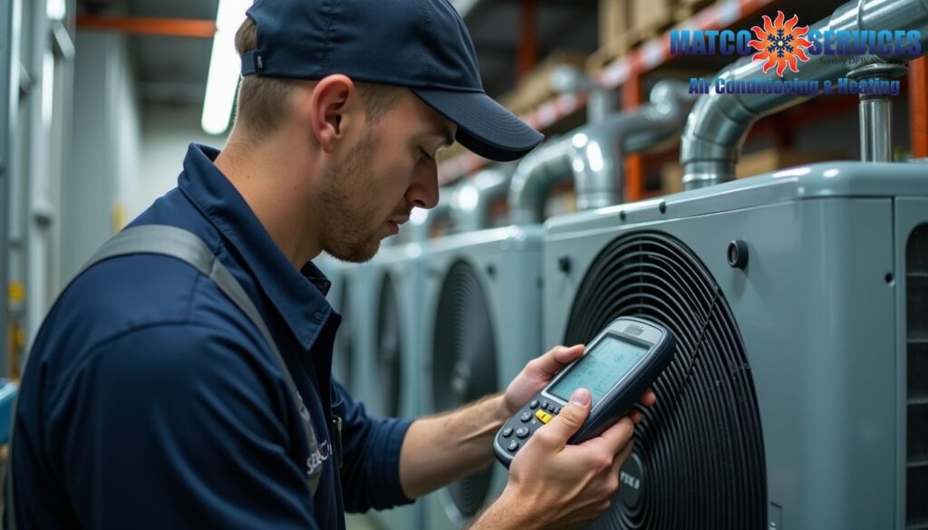 Professional HVAC technician performing maintenance check