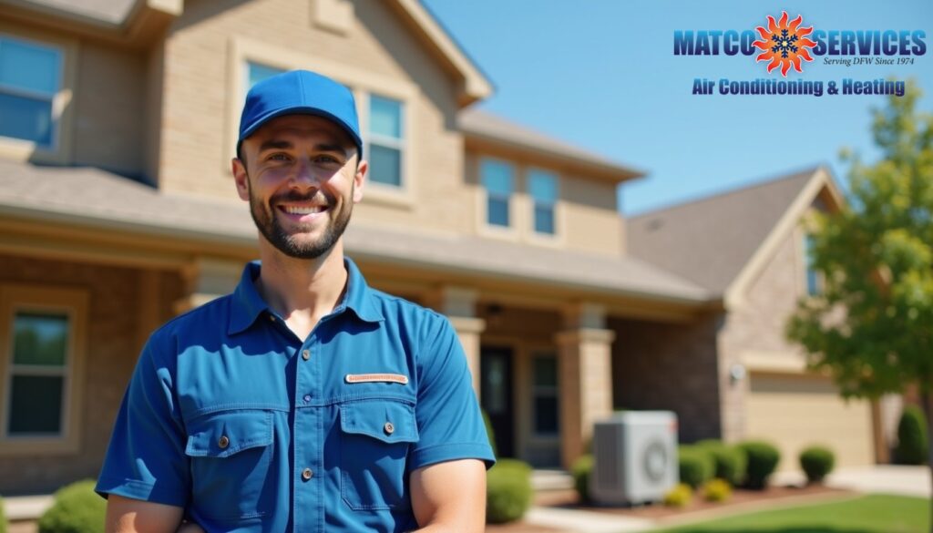 A friendly HVAC technician in a blue uniform, smiling while standing in front of a welcoming American suburban home.