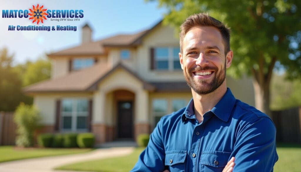 A friendly HVAC technician in a blue uniform, smiling while standing in front of a welcoming American suburban home.