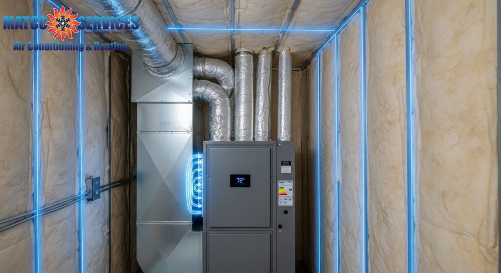 Modern air handler with premium insulation, thermal efficiency visualization