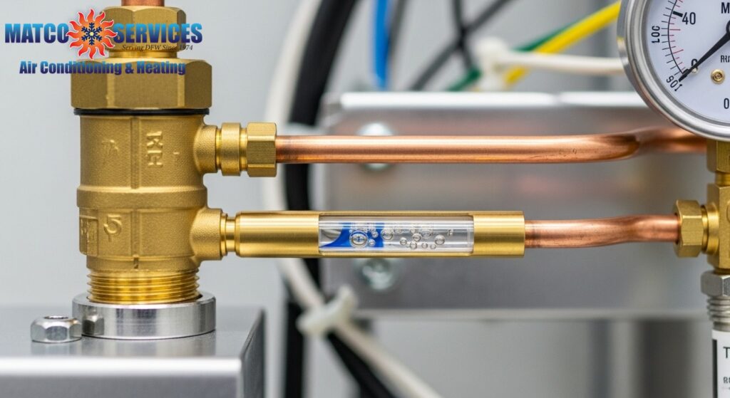 Close-up of premium thermal expansion valve installation, refrigerant flow visualization