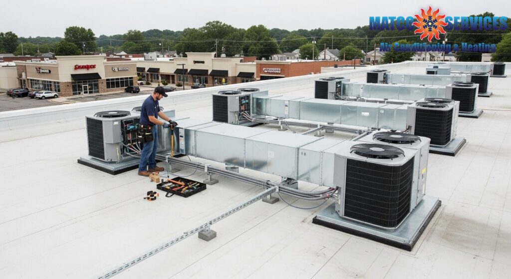 Modern strip mall building rooftop HVAC units