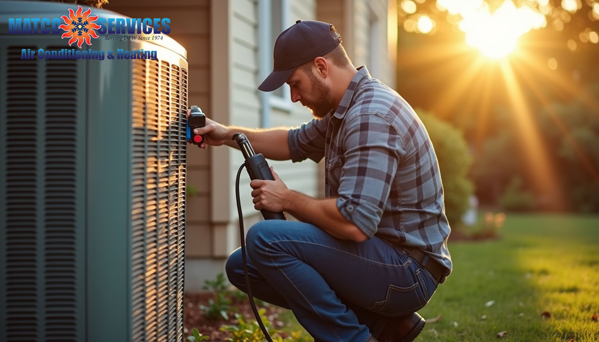 A friendly HVAC technician in a blue uniform, smiling while standing in front of a welcoming American suburban home.