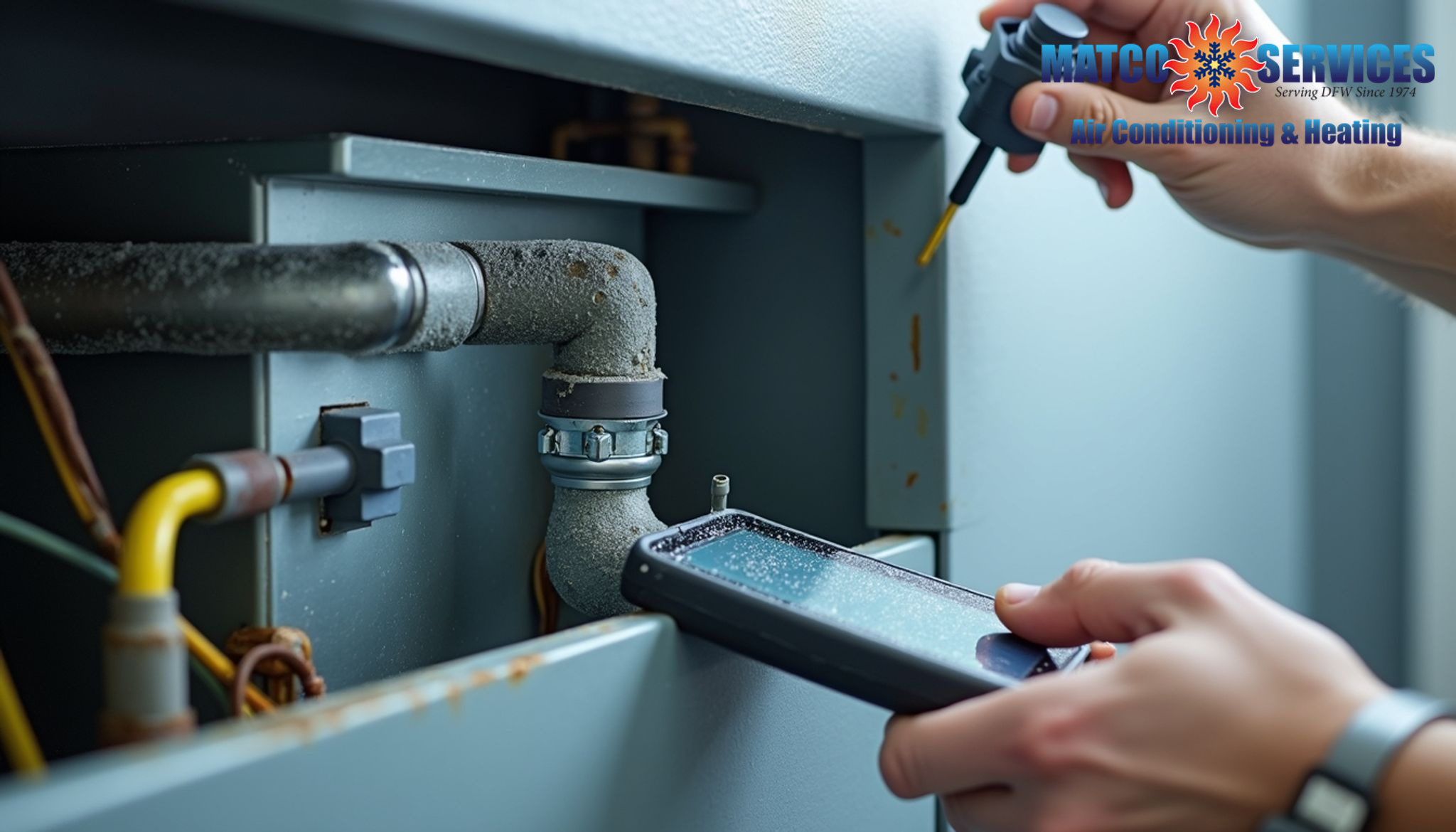Clean HVAC installation with visible drain line monitoring system
