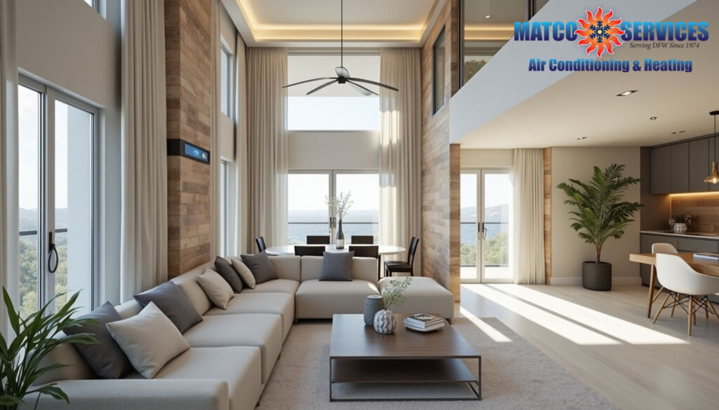 Split-level home interior showing multiple living spaces, visible smart zone controllers on walls