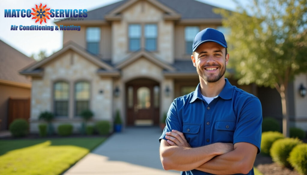 A friendly HVAC technician in a blue uniform, smiling while standing in front of a welcoming American suburban home.