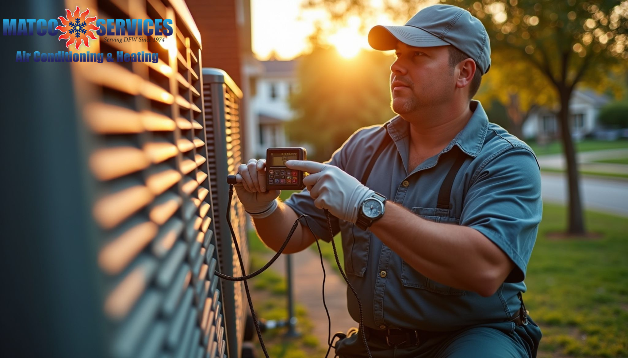 A friendly HVAC technician in a blue uniform, smiling while standing in front of a welcoming American suburban home.