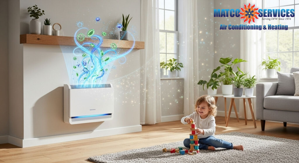 Modern electronic air cleaner installation, particle removal visualization