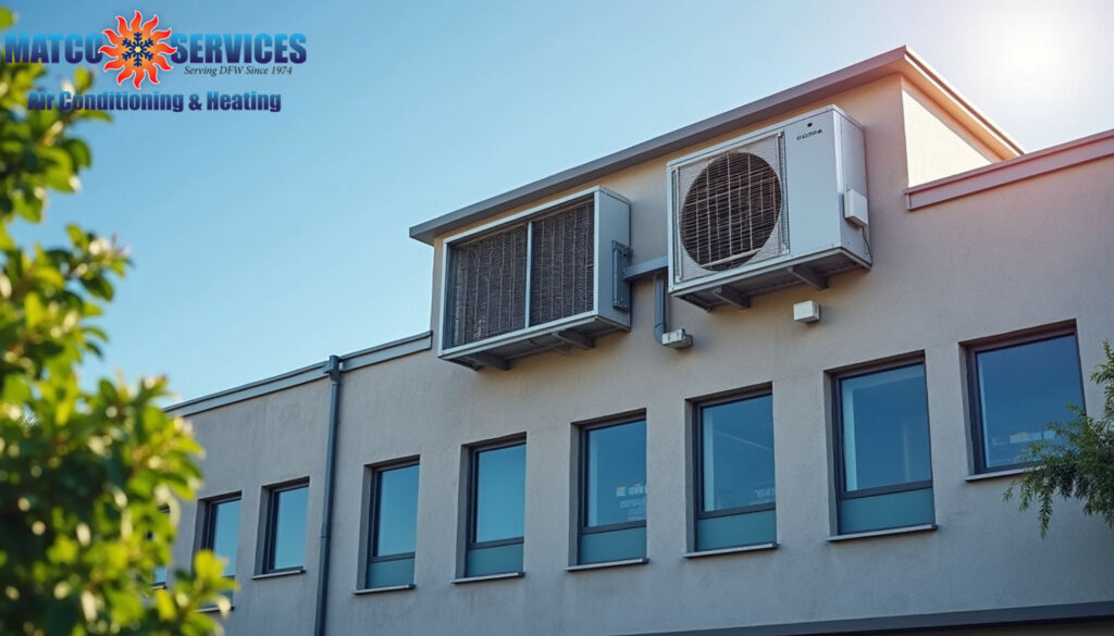 Commercial building exterior with visible economizer installation