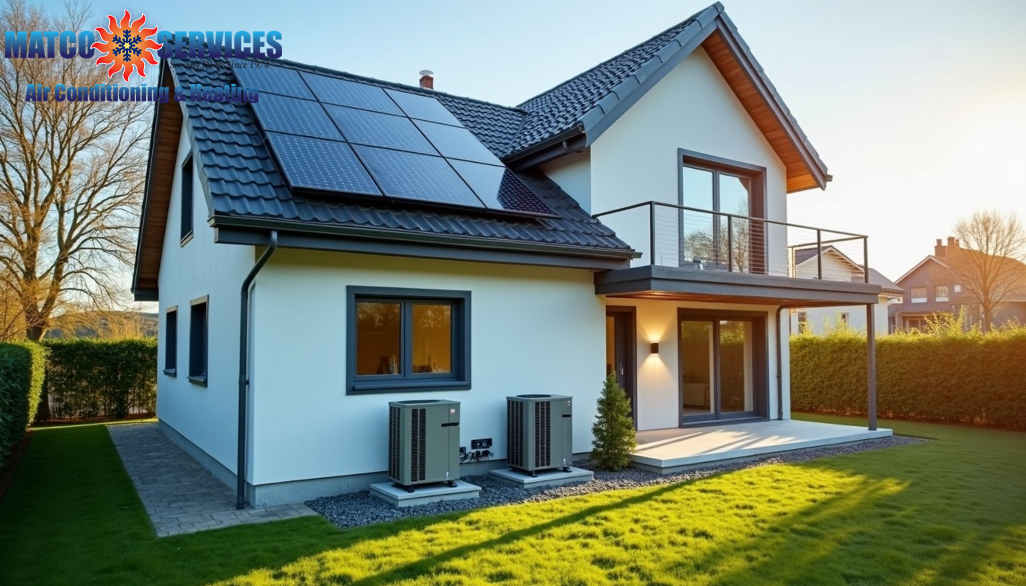 Modern home exterior with solar panels and HVAC equipment