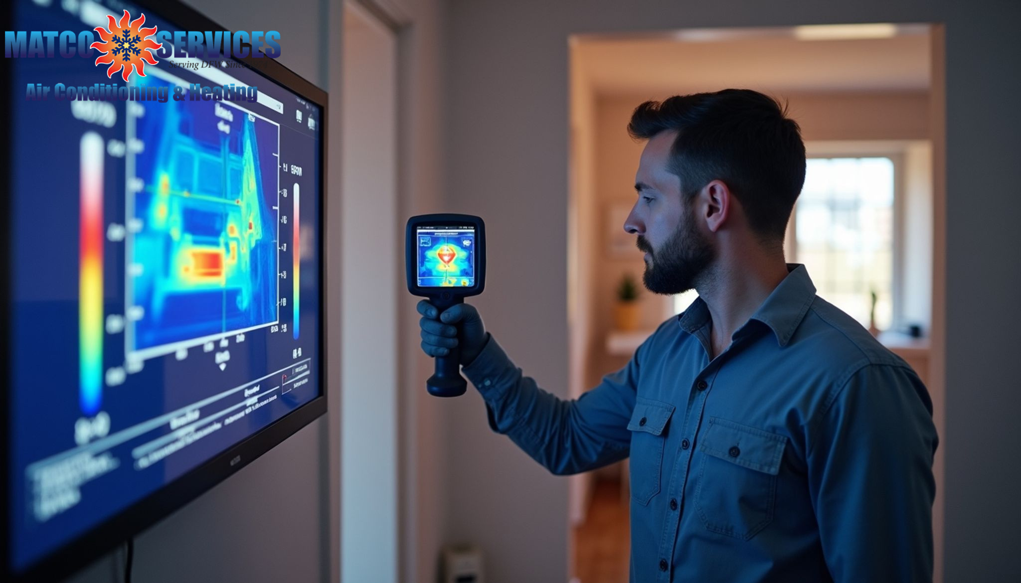 Professional using thermal imaging camera, temperature pattern display