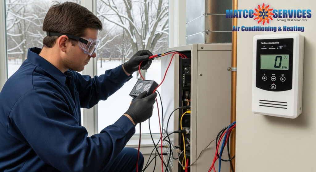Professional technician using safety testing equipment on residential furnace