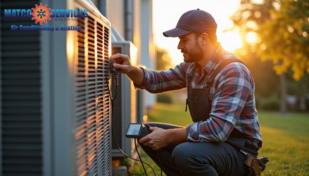 A friendly HVAC technician in a blue uniform, smiling while standing in front of a welcoming American suburban home.
