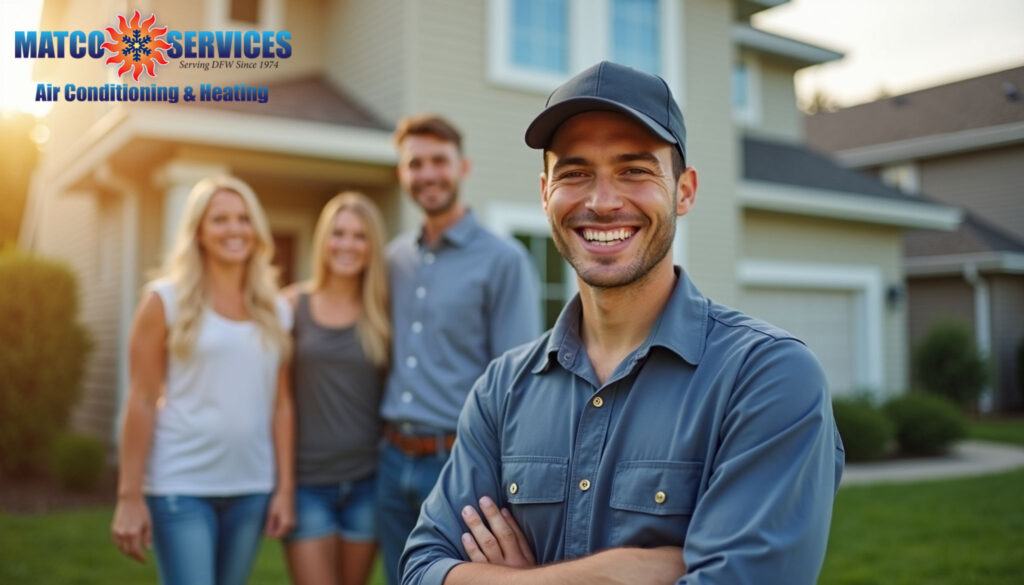 A friendly HVAC technician in a blue uniform, smiling while standing in front of a welcoming American suburban home.