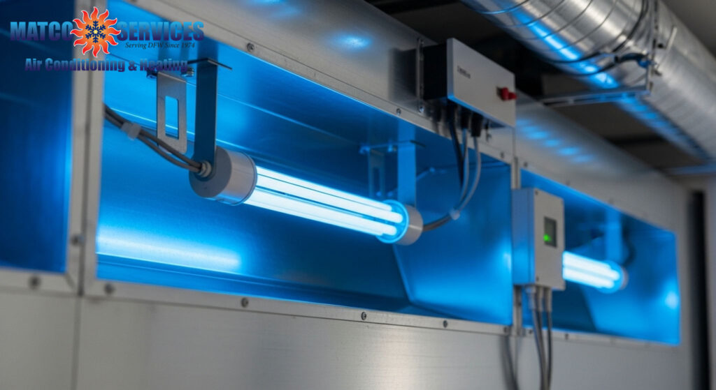 Close-up of UV light installation in HVAC system