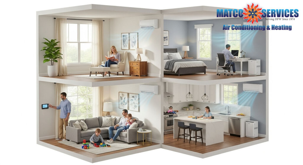 Multi-story home cutaway showing different mini-split units