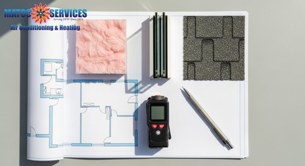 Professional using digital tools for home evaluation, architectural plans visible, modern living space in background