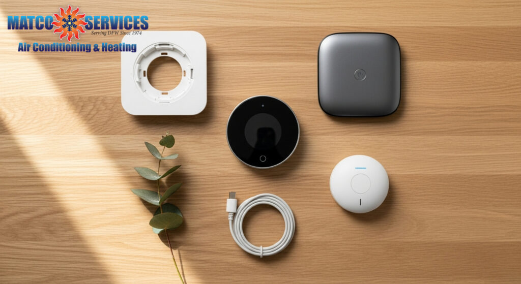 Modern living room with prominent smart thermostat display, soft ambient lighting, smartphone showing HVAC control app, cozy seating area visible in background