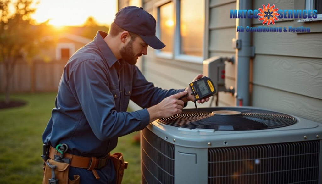 A friendly HVAC technician in a blue uniform, smiling while standing in front of a welcoming American suburban home.