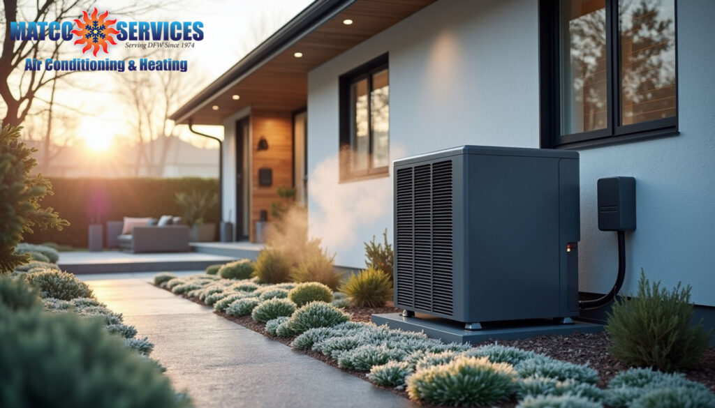 Contemporary home exterior featuring sleek heat pump unit
