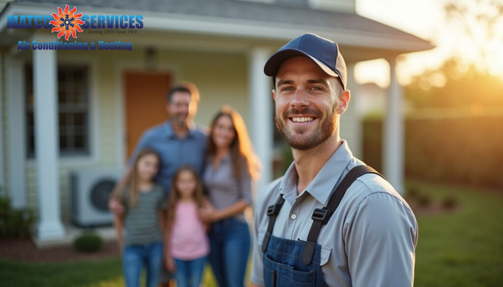 A friendly HVAC technician in a blue uniform, smiling while standing in front of a welcoming American suburban home.
