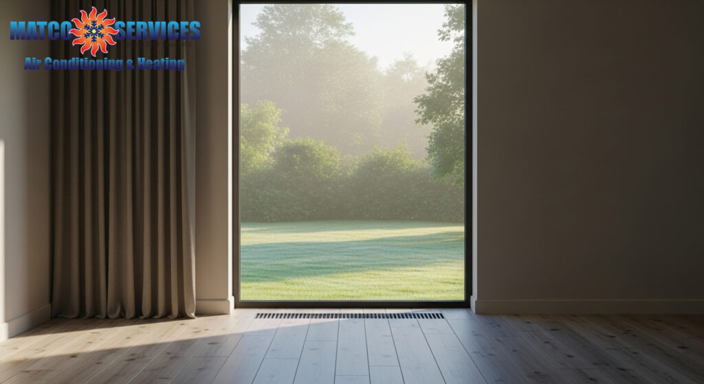 Modern home interior with subtle visualization of consistent airflow, comfortable living space