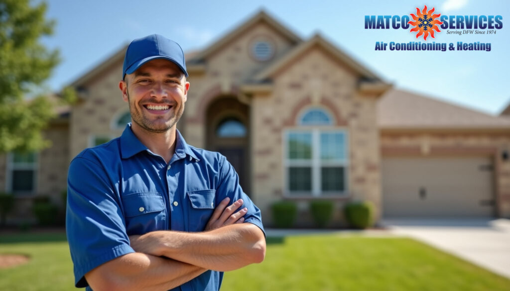A friendly HVAC technician in a blue uniform, smiling while standing in front of a welcoming American suburban home.