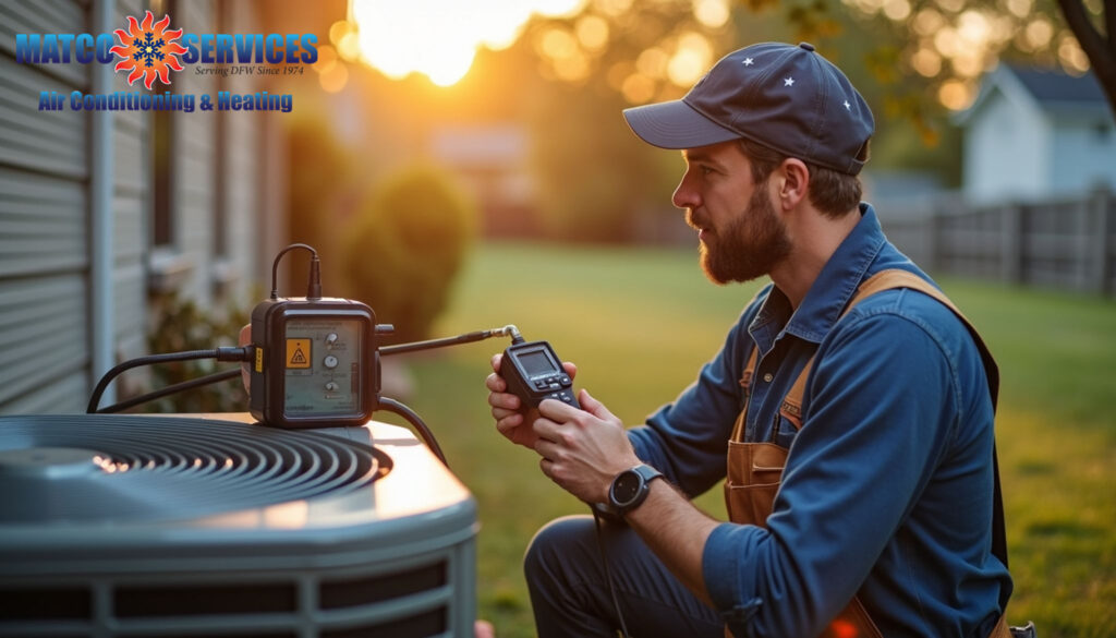 A friendly HVAC technician in a blue uniform, smiling while standing in front of a welcoming American suburban home.