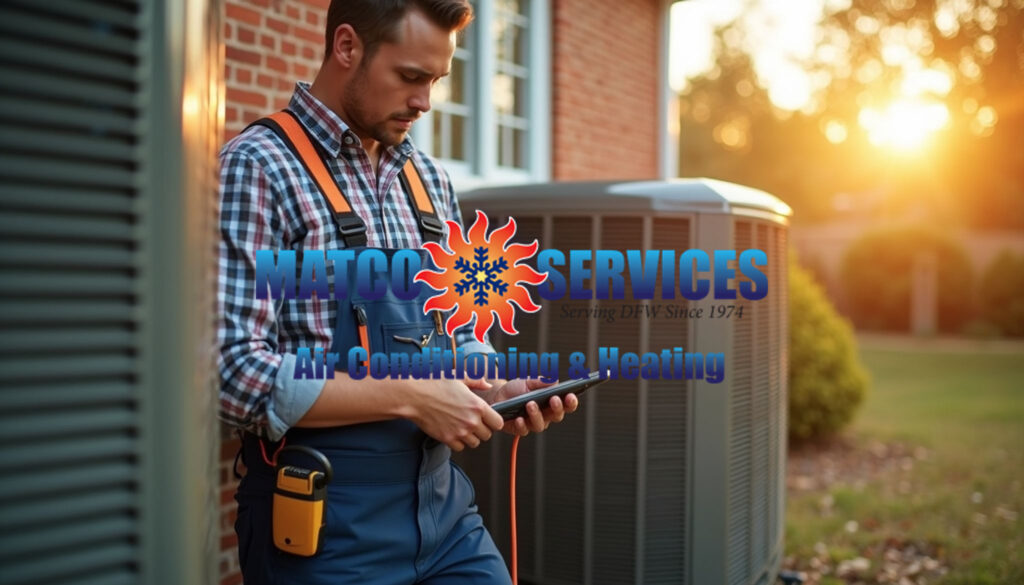 A friendly HVAC technician in a blue uniform, smiling while standing in front of a welcoming American suburban home.