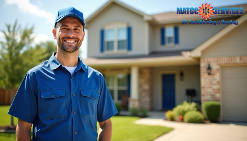 A friendly HVAC technician in a blue uniform, smiling while standing in front of a welcoming American suburban home.